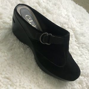 Cole Haan black suede wedges with buckle, size 8